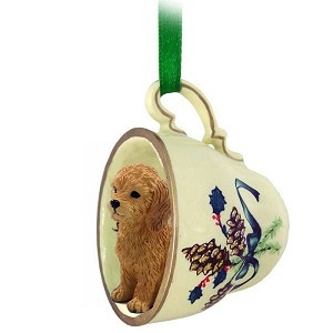 Green Goldendoodle Dog in Green Holiday Tea Cup Christmas Ornament – Hand-Painted Stone Resin