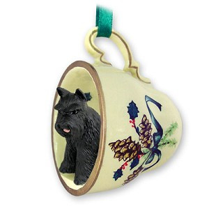 Black Schnauzer Dog in Green Holiday Tea Cup Christmas Ornament – Hand-Painted Stone Resin