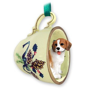 Green Holiday Beagle Dog in Green Holiday Tea Cup Christmas Ornament – Hand-Painted Stone Resin