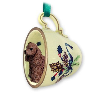 Brown Cocker Spaniel Dog in Green Holiday Tea Cup Christmas Ornament – Hand-Painted Stone Resin