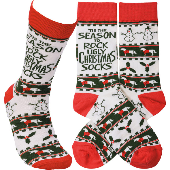 Colorfully Printed Cotton Socks - Tis Season To Rock The Ugly Christmas Socks from Primitives by Kathy
