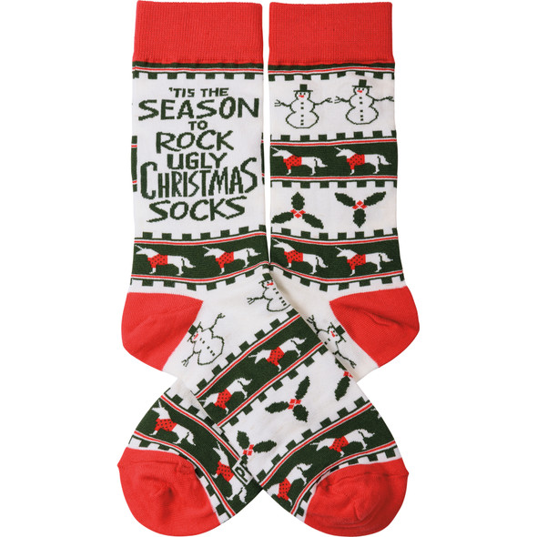 Colorfully Printed Cotton Socks - Tis Season To Rock The Ugly Christmas Socks from Primitives by Kathy