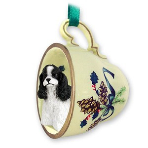 Black & White Cocker Spaniel Dog in Green Holiday Tea Cup Christmas Ornament