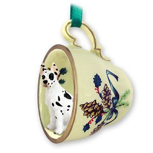 Harlequin Great Dane Dog in Green Holiday Tea Cup Christmas Ornament – Hand-Painted Stone Resin