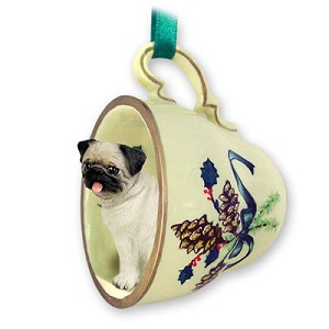 Fawn Pug Dog in Green Holiday Tea Cup Christmas Ornament – Hand-Painted Stone Resin