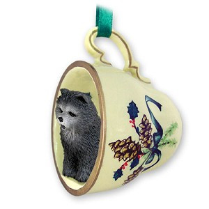 Blue Chow Dog in Green Holiday Tea Cup Christmas Ornament – Hand-Painted Stone Resin