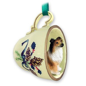 Sable Collie Dog in Green Holiday Tea Cup Christmas Ornament – Hand-Painted Stone Resin