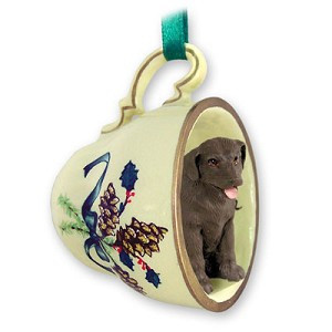 Chocolate Labrador Retriever Dog in Green Holiday Tea Cup Christmas Ornament