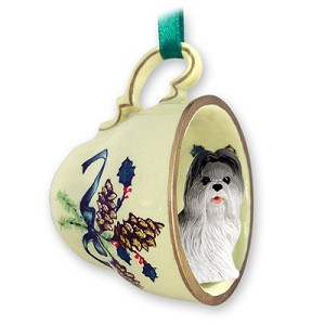 Gray Shih Tzu Dog in Green Holiday Tea Cup Christmas Ornament – Hand-Painted Stone Resin