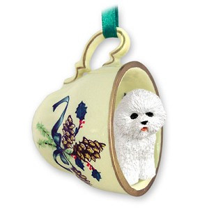 Bichon Frise Dog in Green Holiday Tea Cup Christmas Ornament – Hand-Painted Stone Resin