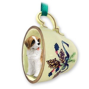 Rough Coat Saint Bernard Dog in Green Holiday Tea Cup Christmas Ornament – Hand-Painted Stone Resin