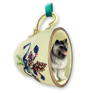 Green Holiday Keeshond Dog in Green Holiday Tea Cup Christmas Ornament – Hand-Painted Stone Resin