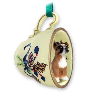 Brown Boxer Dog in Green Holiday Tea Cup Christmas Ornament – Hand-Painted Stone Resin