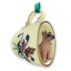Tawny Boxer Dog in Green Holiday Tea Cup Christmas Ornament – Hand-Painted Stone Resin