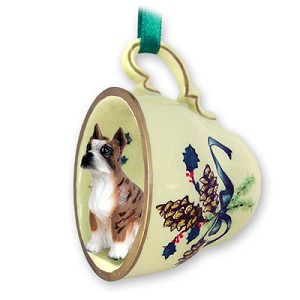 Brindle Boxer Dog in Green Holiday Tea Cup Christmas Ornament – Hand-Painted Stone Resin