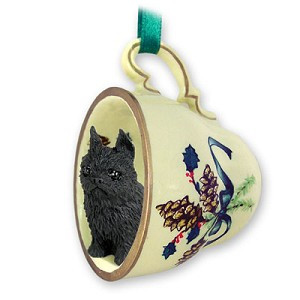 Black Brussels Griffon Dog in Green Holiday Tea Cup Christmas Ornament – Hand-Painted Stone Resin