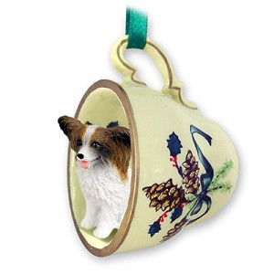 Brown & White Papillon Dog in Green Holiday Tea Cup Christmas Ornament – Hand-Painted Stone Resin