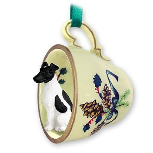 Black & White Fox Terrier Dog in Green Holiday Tea Cup Christmas Ornament – Hand-Painted Stone Resin