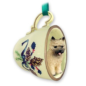 Red Cairn Terrier Dog in Green Holiday Tea Cup Christmas Ornament – Hand-Painted Stone Resin