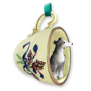 Blue White Greyhound Dog in Green Holiday Tea Cup Christmas Ornament – Hand-Painted Stone Resin