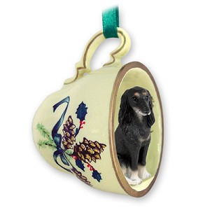 Green Holiday Saluki Dog in Green Holiday Tea Cup Christmas Ornament – Hand-Painted Stone Resin