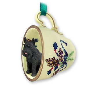 Black Giant Schnauzer Dog in Green Holiday Tea Cup Christmas Ornament – Hand-Painted Stone Resin