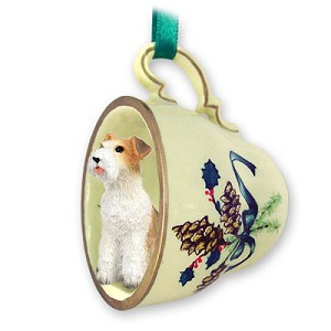 Red Wire Fox Terrier Dog in Green Holiday Tea Cup Christmas Ornament – Hand-Painted Stone Resin