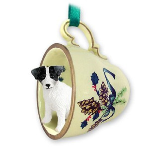 Black & White Rough Coat Jack Russell Terrier Dog in Green Holiday Tea Cup Christmas Ornament