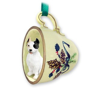 White Pit Bull Terrier Dog in Green Holiday Tea Cup Christmas Ornament – Hand-Painted Stone Resin