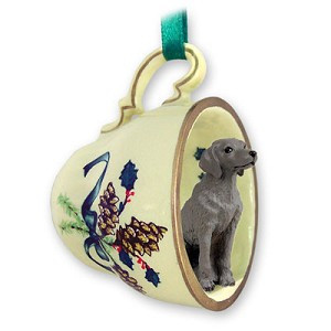 Weimaraner Dog in Green Holiday Tea Cup Christmas Ornament – Hand-Painted Stone Resin