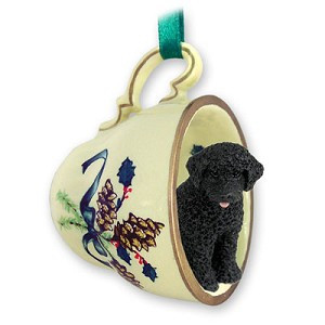 Black Portuguese Water Dog in Green Holiday Tea Cup Christmas Ornament – Hand-Painted Stone Resin