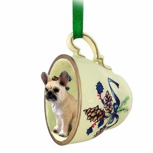 Fawn French Bulldog in Green Holiday Tea Cup Christmas Ornament – Hand-Painted Stone Resin