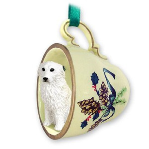Great Pyrenees Dog in Green Holiday Tea Cup Christmas Ornament – Hand-Painted Stone Resin