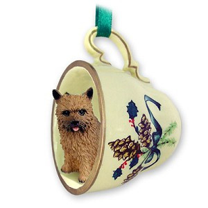 Norwich Terrier Dog in Green Holiday Tea Cup Christmas Ornament – Hand-Painted Stone Resin