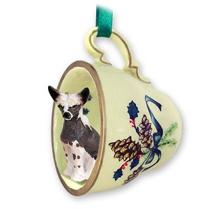 Chinese Crested Dog in Green Holiday Tea Cup Christmas Ornament – Hand-Painted Stone Resin