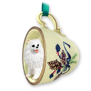 Miniature American Eskimo Dog in Green Holiday Tea Cup Christmas Ornament – Hand-Painted Stone Resin