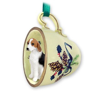 American Foxhound Dog in Green Holiday Tea Cup Christmas Ornament – Hand-Painted Stone Resin
