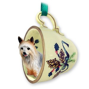 Silky Terrier Dog in Green Holiday Tea Cup Christmas Ornament – Hand-Painted Stone Resin