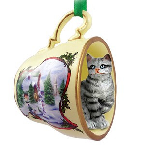 Silver Shorthaired Tabby Cat in Snowman Tea Cup Christmas Ornament – Hand-Painted Stone Resin