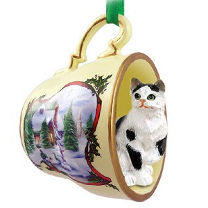 Black & White Shorthaired Tabby Cat in Snowman Tea Cup Christmas Ornament – Hand-Painted Stone Resin