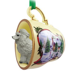 Gray Poodle Dog in Snowman Tea Cup Christmas Ornament – Hand-Painted Stone Resin