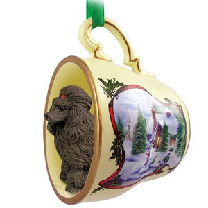 Chocolate Poodle Dog in Snowman Tea Cup Christmas Ornament – Hand-Painted Stone Resin