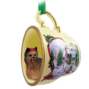 Yorkshire Terrier Dog in Snowman Tea Cup Christmas Ornament – Hand-Painted Stone Resin