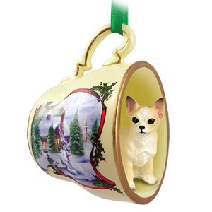 Tan & White Chihuahua Dog in Snowman Tea Cup Christmas Ornament – Hand-Painted Stone Resin