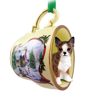 Brindle & White Chihuahua Dog in Snowman Tea Cup Christmas Ornament – Hand-Painted Stone Resin