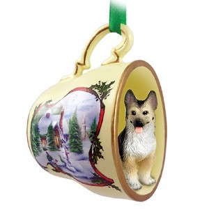 Tan Black German Shepherd Dog in Snowman Tea Cup Christmas Ornament – Hand-Painted Stone Resin