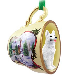 White German Shepherd Dog in Snowman Tea Cup Christmas Ornament – Hand-Painted Stone Resin