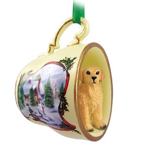Golden Retriever Dog in Snowman Tea Cup Christmas Ornament – Hand-Painted Stone Resin