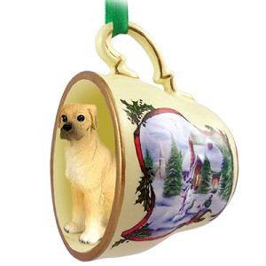Fawn Uncropped Ears Great Dane Dog in Snowman Tea Cup Christmas Ornament – Hand-Painted Stone Resin
