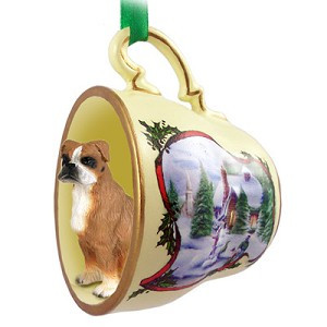 Brown Uncropped Ears Boxer Dog in Snowman Tea Cup Christmas Ornament – Hand-Painted Stone Resin